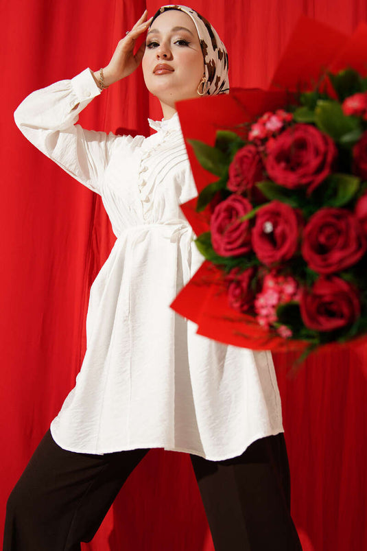 V Ribbed Half-Button Tunic Ecru