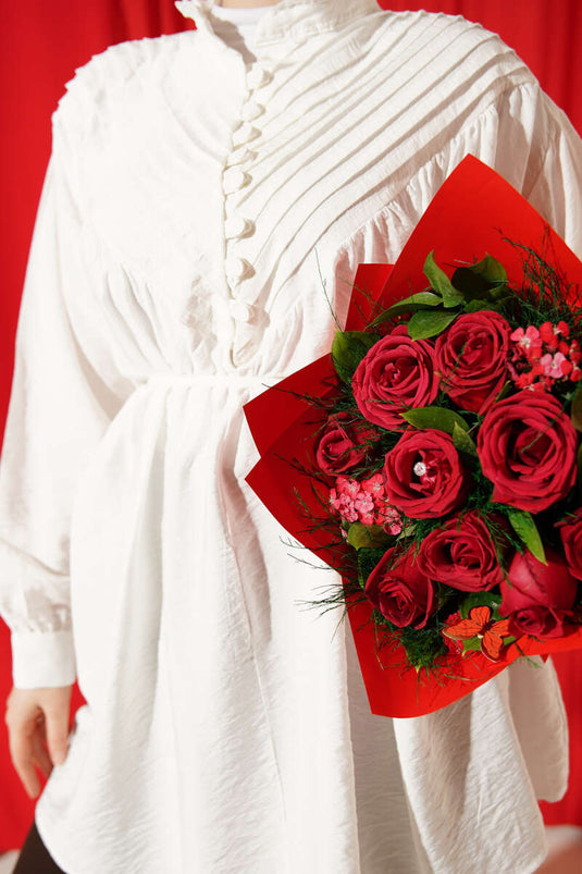 V Ribbed Half-Button Tunic Ecru