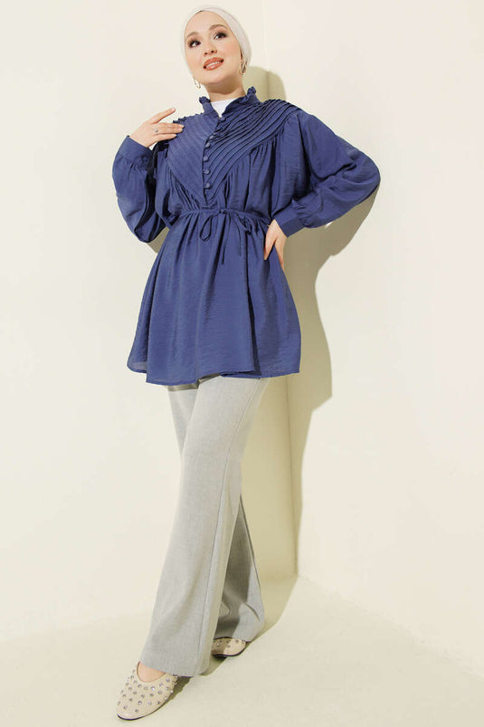 V Ribbed Half-Button Tunic Navy Blue