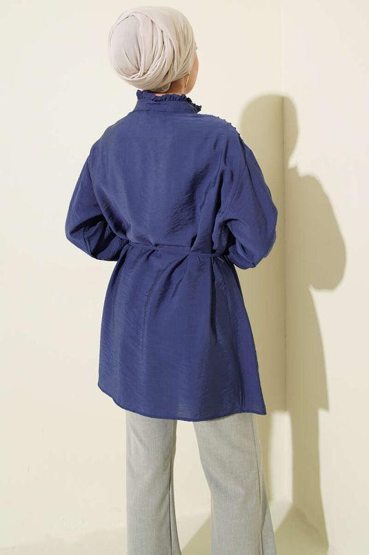 V Ribbed Half-Button Tunic Navy Blue