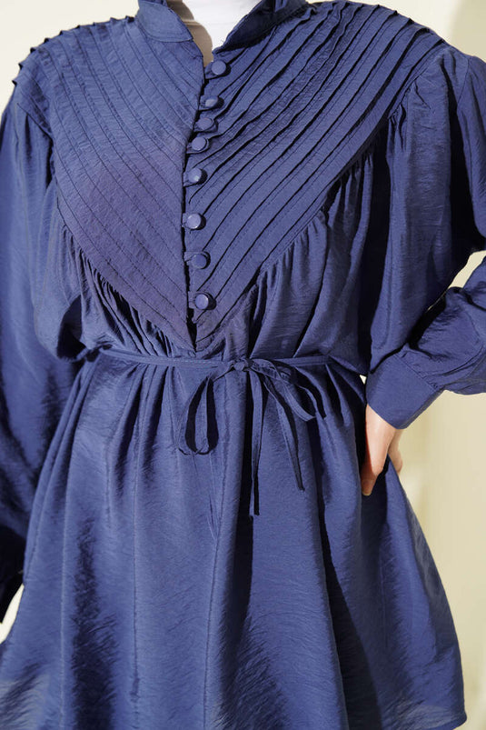 V Ribbed Half-Button Tunic Navy Blue