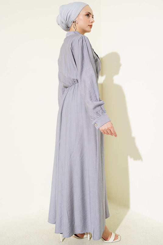 فستان رمادي بخصر مطاطي على شكل حرف V