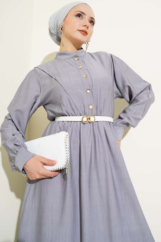 فستان رمادي بخصر مطاطي على شكل حرف V