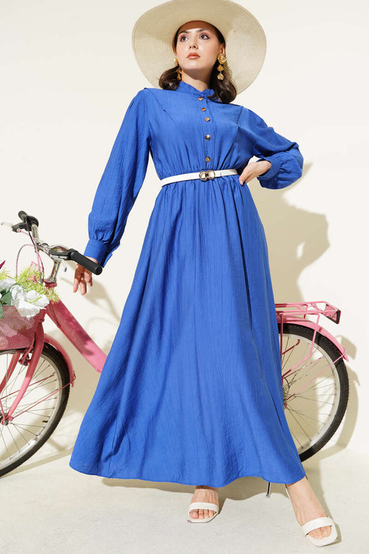 فستان على شكل حرف V بخصر مطاطي - نيلي