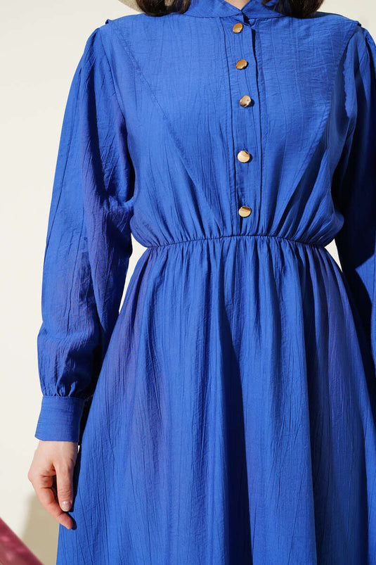 فستان على شكل حرف V بخصر مطاطي - نيلي