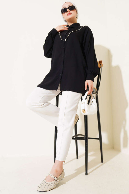 V Taşlı Gömlek Siyah