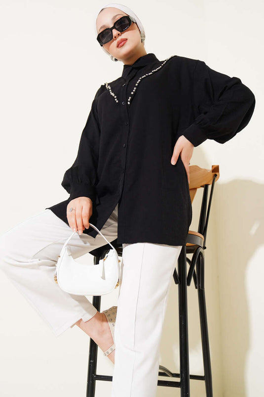 V Taşlı Gömlek Siyah