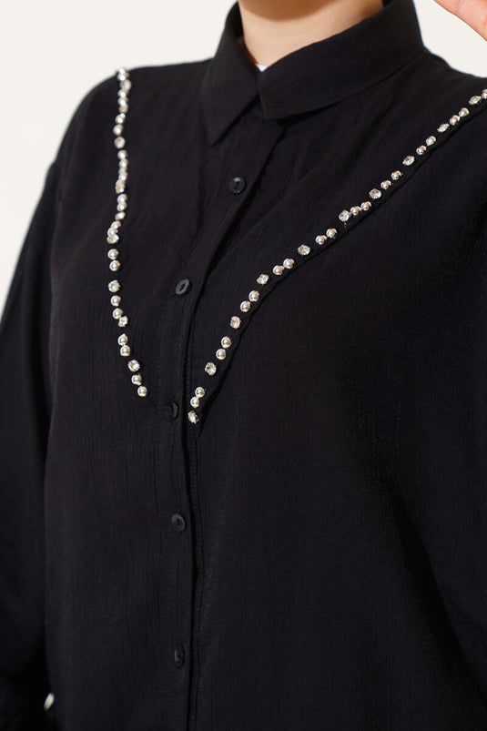 V Taşlı Gömlek Siyah
