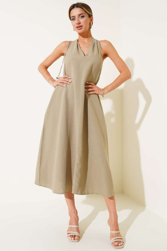 V-Neck Back Crossover Dress Khaki