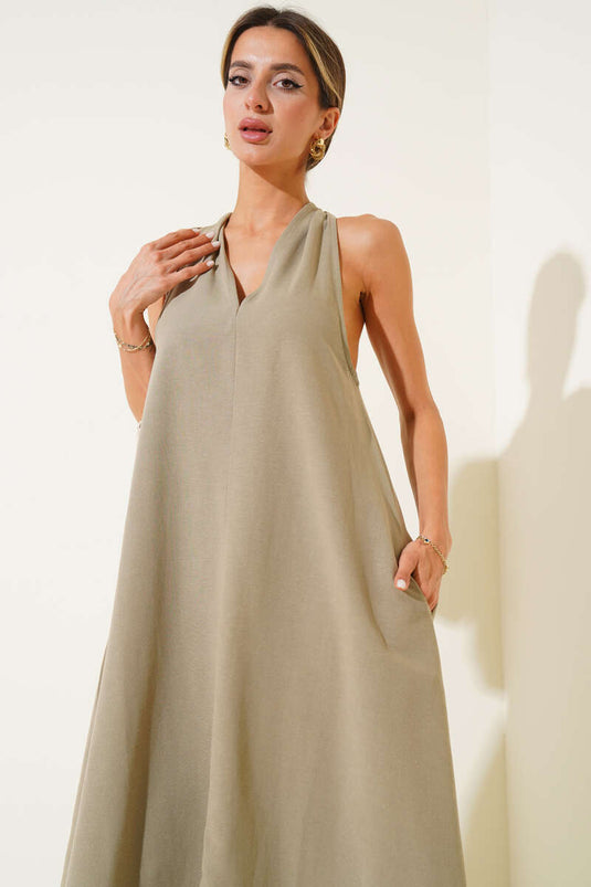 V-Neck Back Crossover Dress Khaki