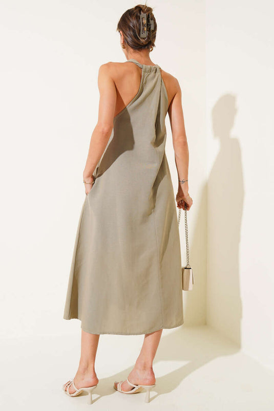 V-Neck Back Crossover Dress Khaki