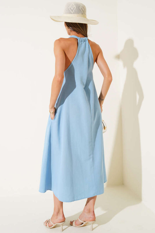 V-Neck Back Crossover Dress Blue