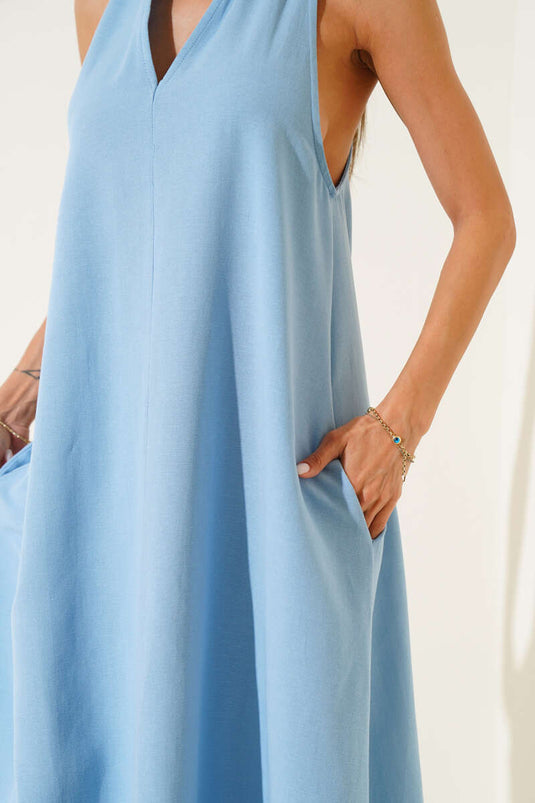 V-Neck Back Crossover Dress Blue