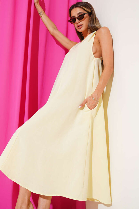 V Yaka Arkası Çapraz Elbise Sarı