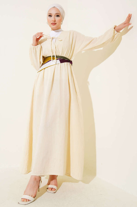 V Yaka Bağcıklı Elbise Bej