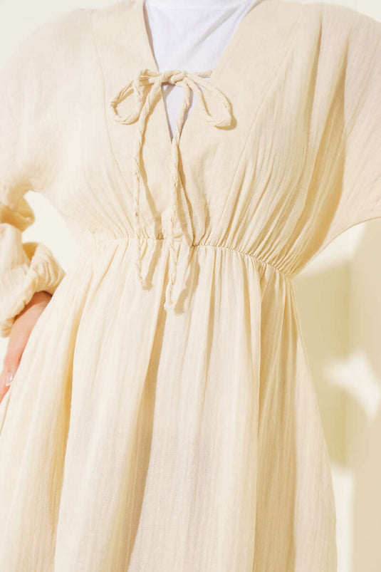 V Yaka Bağcıklı Elbise Bej