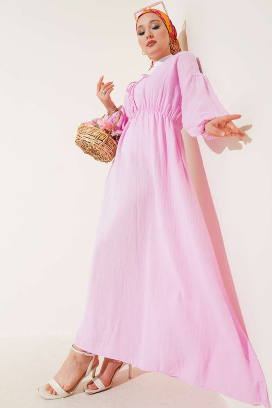 V Yaka Bağcıklı Elbise Pembe