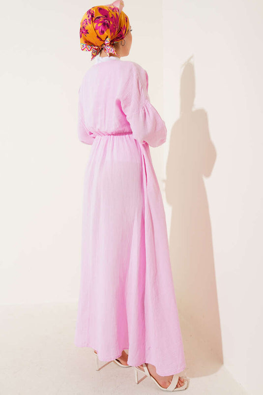 V Yaka Bağcıklı Elbise Pembe