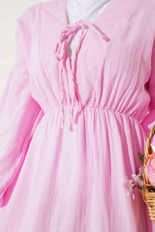 V Yaka Bağcıklı Elbise Pembe