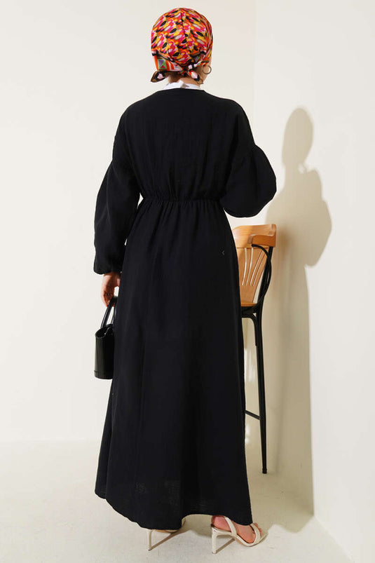 V Yaka Bağcıklı Elbise Siyah