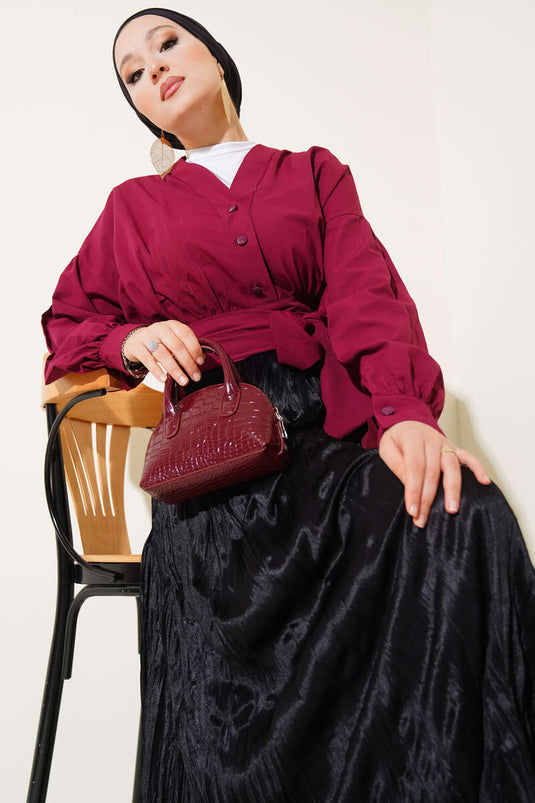 V Yaka Bağlamalı Kısa Gömlek Bordo