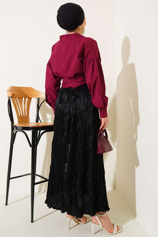 V Yaka Bağlamalı Kısa Gömlek Bordo