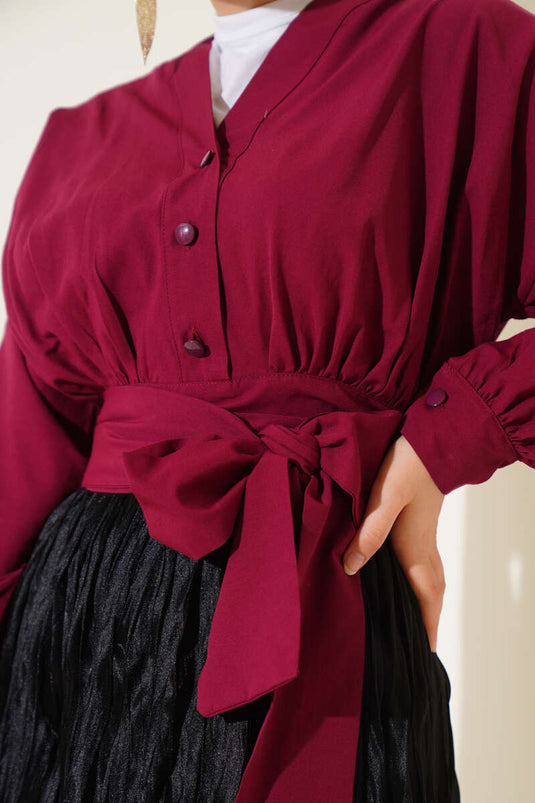 V Yaka Bağlamalı Kısa Gömlek Bordo