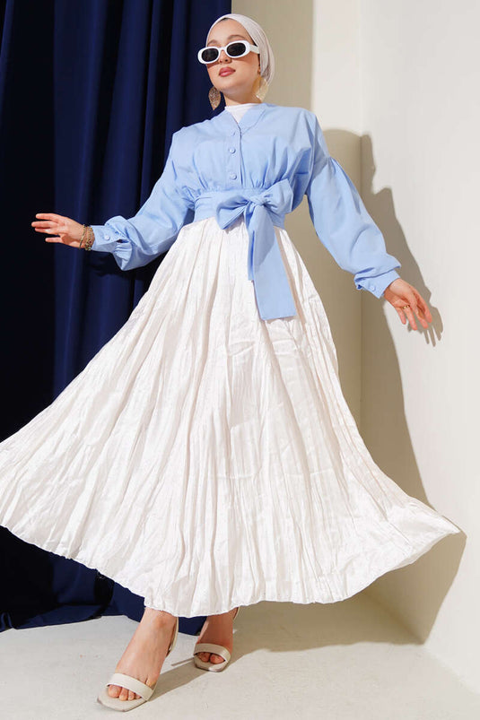 V Yaka Bağlamalı Kısa Gömlek Mavi