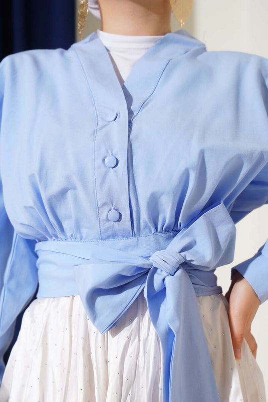 V Yaka Bağlamalı Kısa Gömlek Mavi