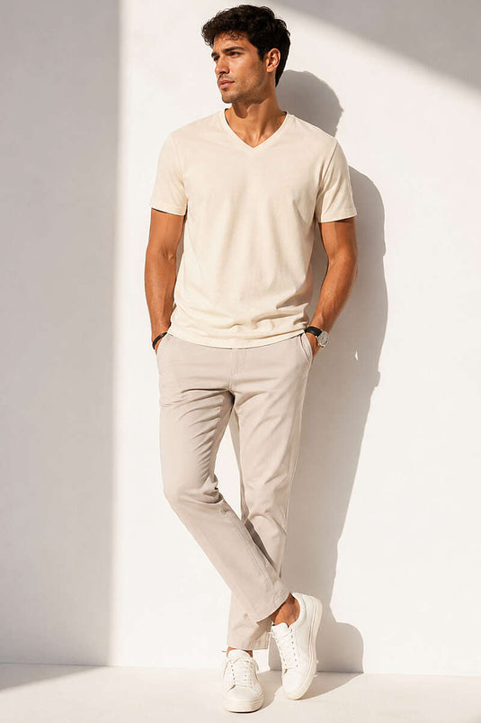 V Yaka Basic Erkek T-shirt Bej