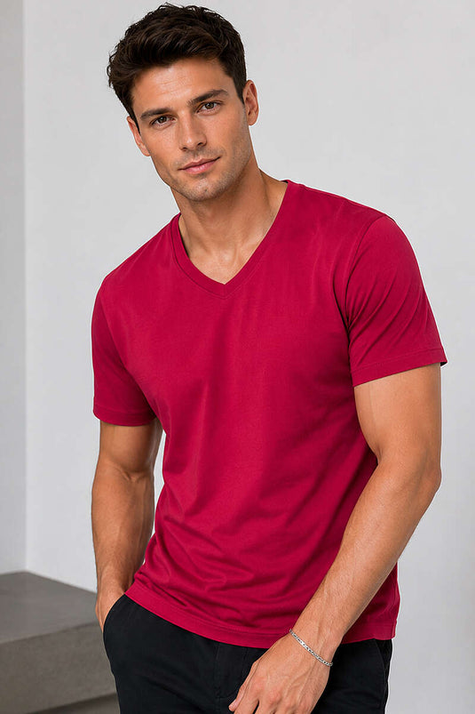 V Yaka Basic Erkek T-shirt Bordo