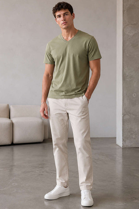 V Yaka Basic Erkek T-shirt Haki