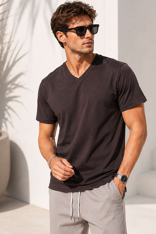 V Yaka Basic Erkek T-shirt Kahve