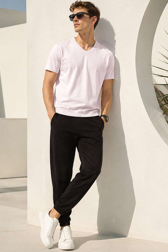 V Yaka Basic Erkek T-shirt Pembe