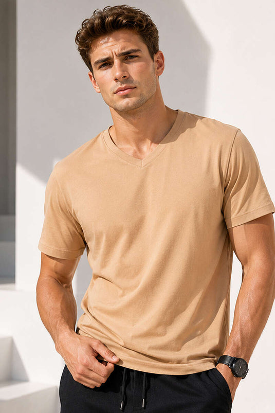 V Yaka Basic Erkek T-shirt Taba