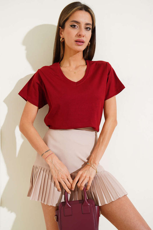 V Yaka Basic T-shirt Bordo