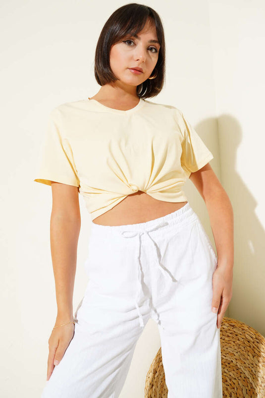 V Yaka Basic T-shirt Sarı