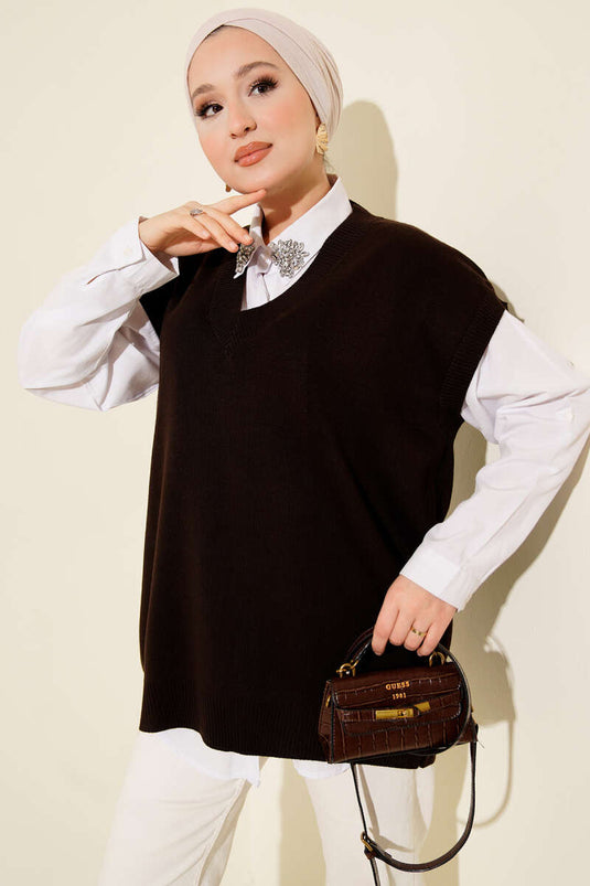 V Yaka Basic Triko Süveter Kahve