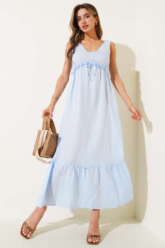 V Yaka Bel Lastikli Müslin Elbise Mavi