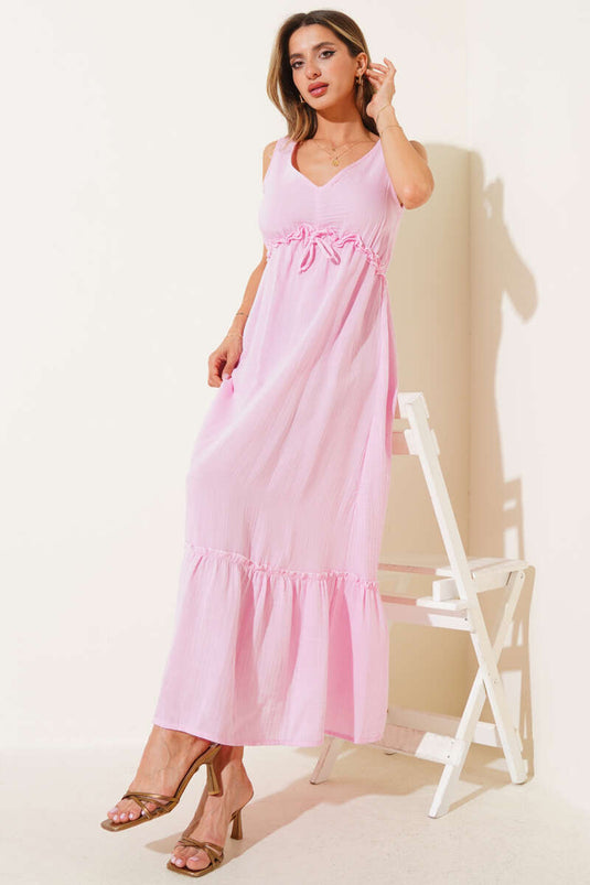 V Yaka Bel Lastikli Müslin Elbise Pembe