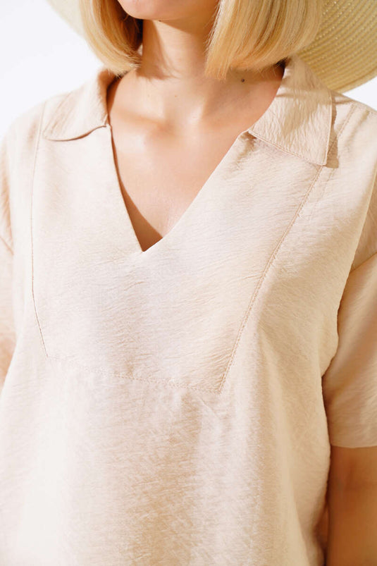 V-Neck Blouse Two Piece Set Beige