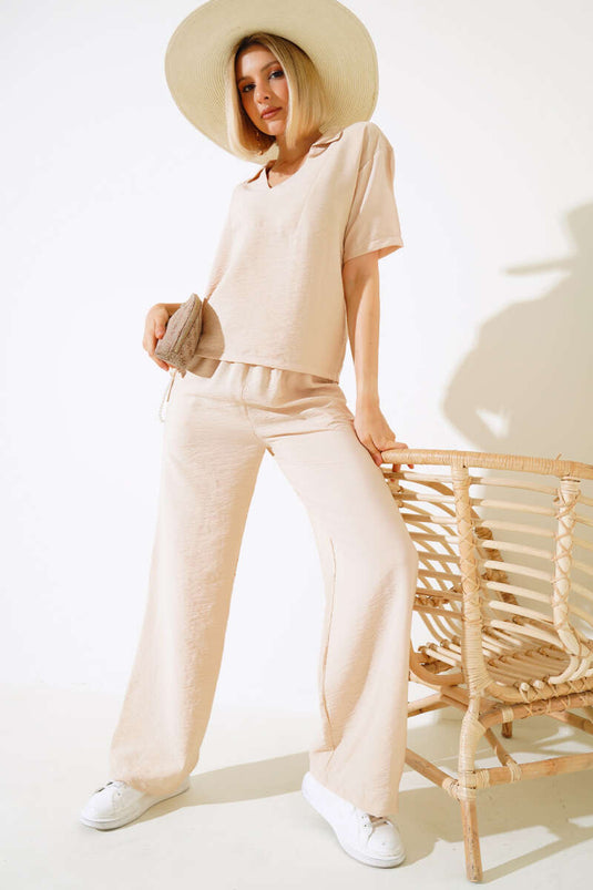 V-Neck Blouse Two Piece Set Beige