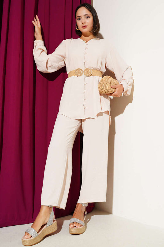 V Yaka Brit Düğmeli Ayrobin İkili Takım Bej