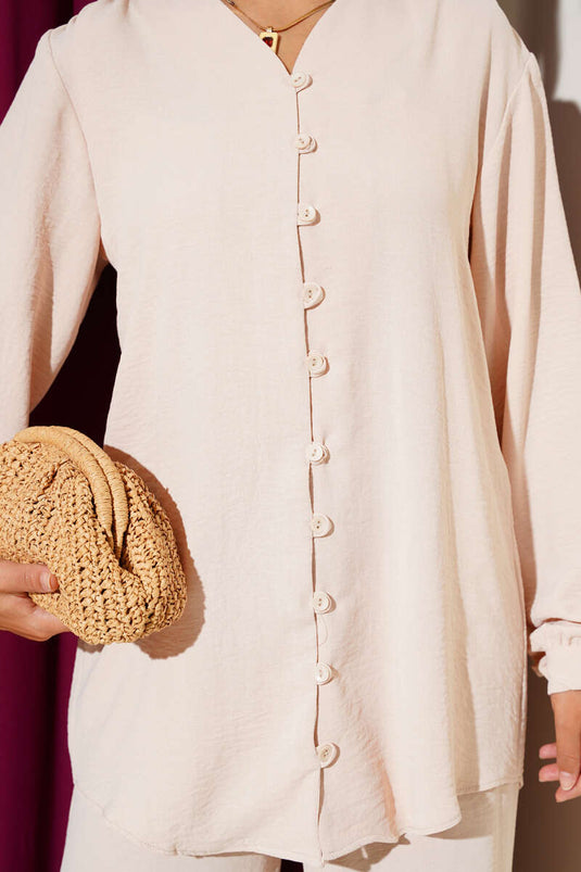 V Yaka Brit Düğmeli Ayrobin İkili Takım Bej