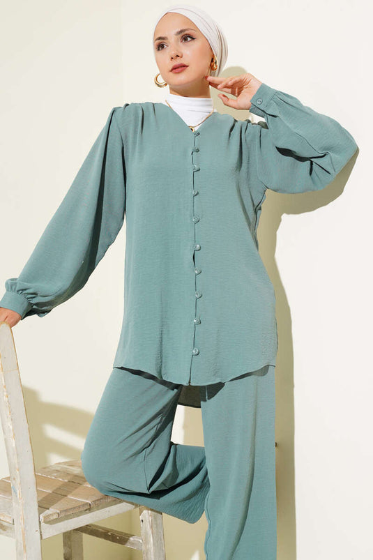 V Yaka Brit Düğmeli Ayrobin İkili Takım Çağla Yeşili