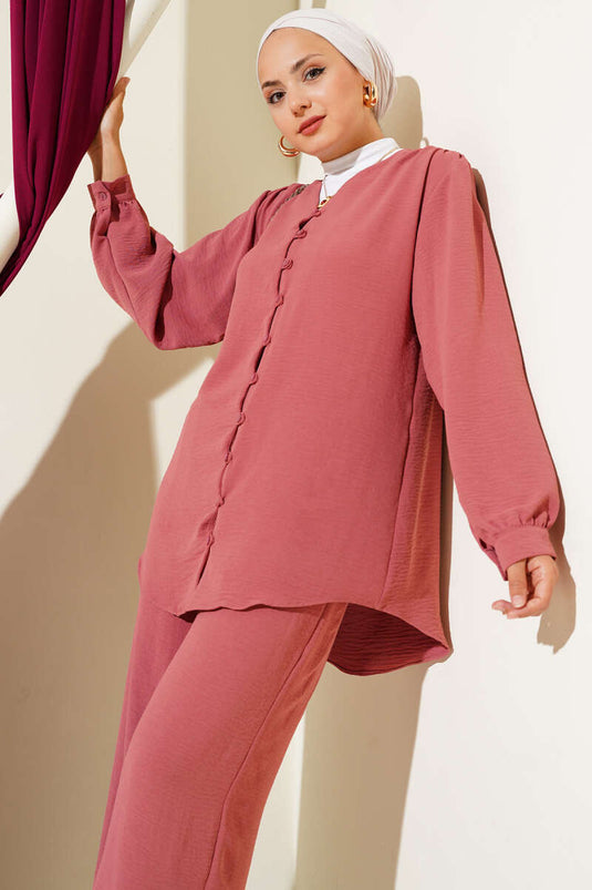V Neck Brit Buttoned Ayrobin Two Piece Suit Dusty Rose