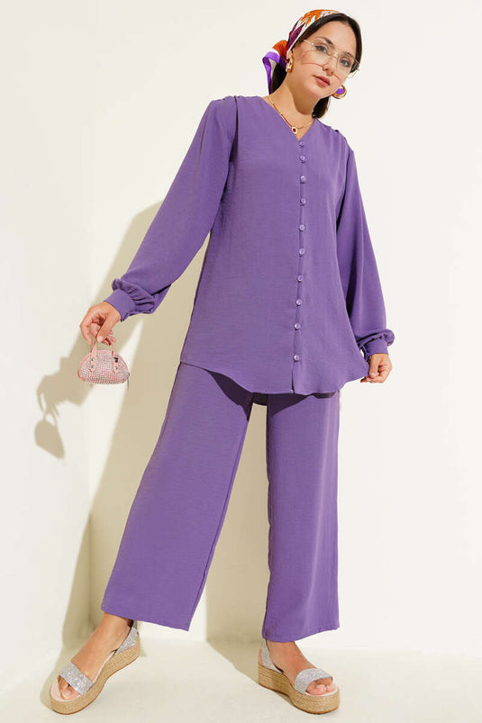 V Yaka Brit Düğmeli Ayrobin İkili Takım Mor