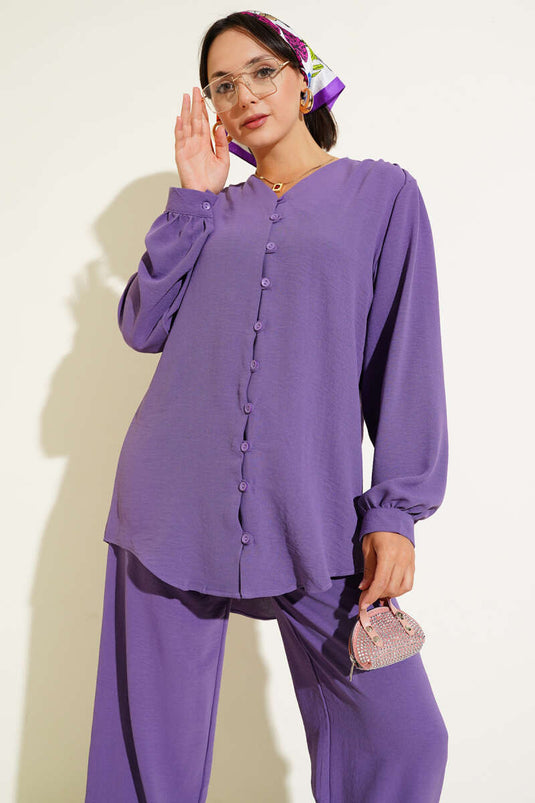 V Yaka Brit Düğmeli Ayrobin İkili Takım Mor