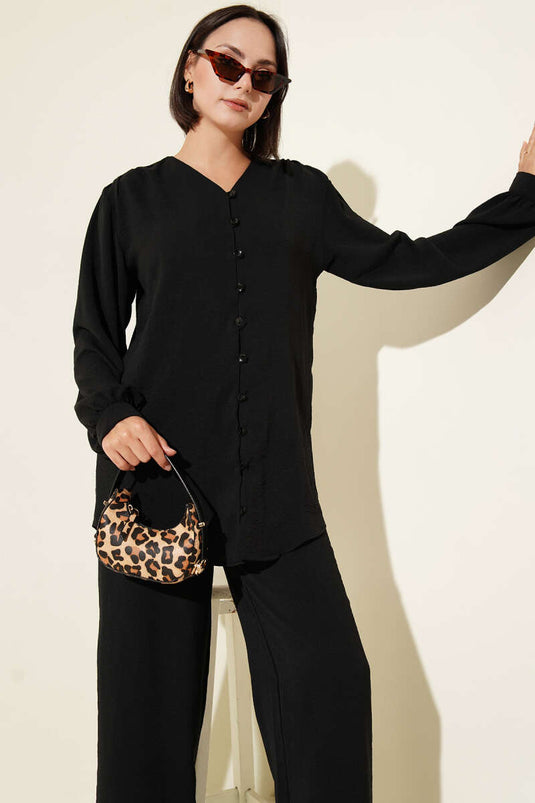 V-Neck Brit Buttoned Ayrobin Two Piece Suit Black