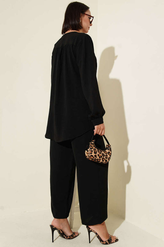 V-Neck Brit Buttoned Ayrobin Two Piece Suit Black